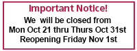 Closed til Oct 31